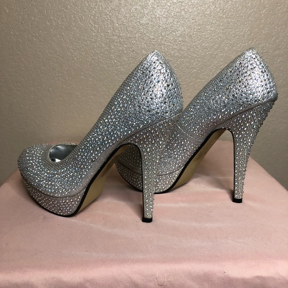Pierre Dumas “Marcia-1” Silver Rhinestone Platform Stilettos - Size 8